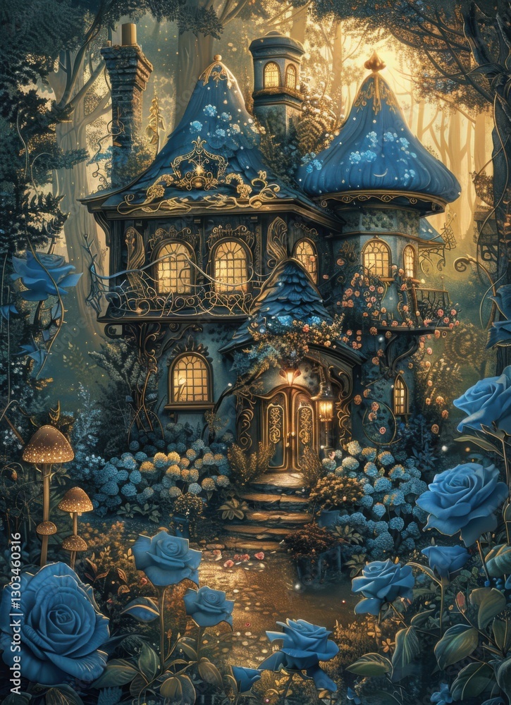 Fototapeta premium Enchanted Fairy Tale Cottage Surrounded by Blue Roses and Forest