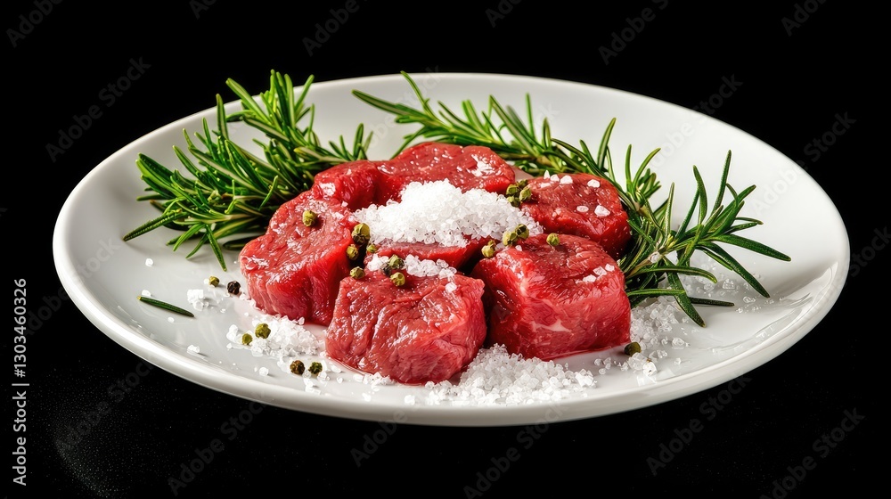 Elegant culinary arrangement of raw beef steaks with fresh rosemary and crushed sea salt. Elegant culinary arrangement of raw beef steaks with fresh rosemary and crushed sea salt.