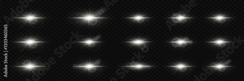 Set of white stars. Light effect of glow and flare, sparkle, glare, explosion, solar flare, sparks and stars.