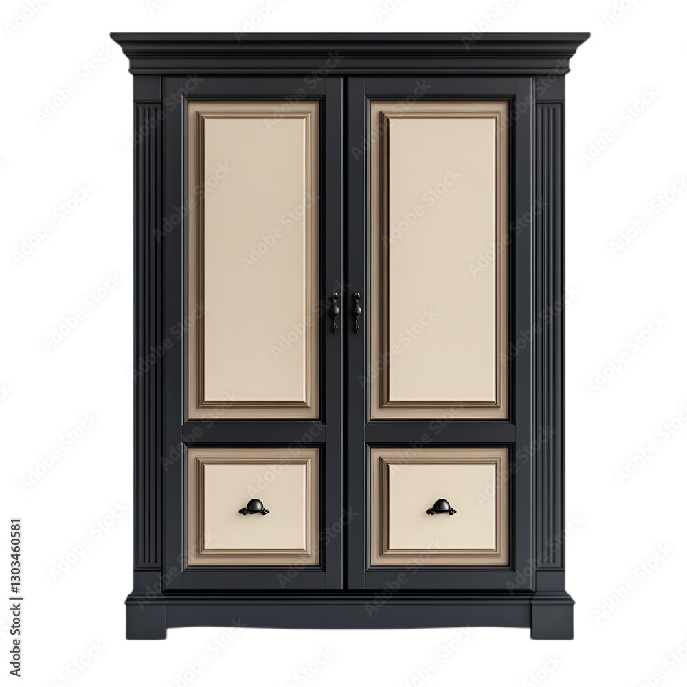 Elegant Black and Beige Armoire with Two Doors and Drawers Elegant Black and Beige Armoire with Two Doors and Drawers