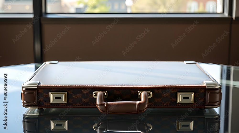 Elegant leather briefcase placed on a modern table, perfect for business professionals. Elegant leather briefcase placed on a modern table, perfect for business professionals.