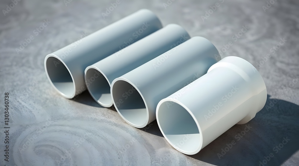 Fototapeta premium Set of four white PVC pipes arranged on a smooth surface, showcasing their cylindrical design and versatility for various plumbing and construction projects. 
