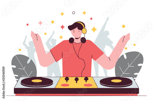 DJ vector illustration, music party, disc jockey, club scene, electronic music, nightlife, dj equipment