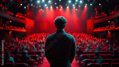 A lone figure stands on stage, bathed in red light, facing a large audience in a theater. The scene captures the anticipation and excitement before a performance.