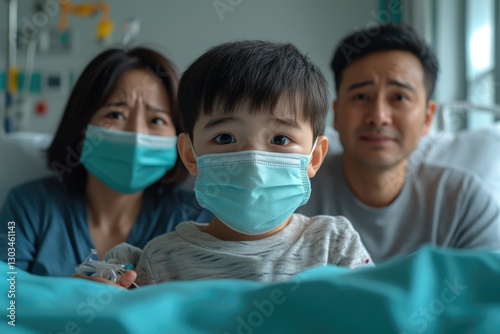 A family with face masks protecting themselves from the outside environment