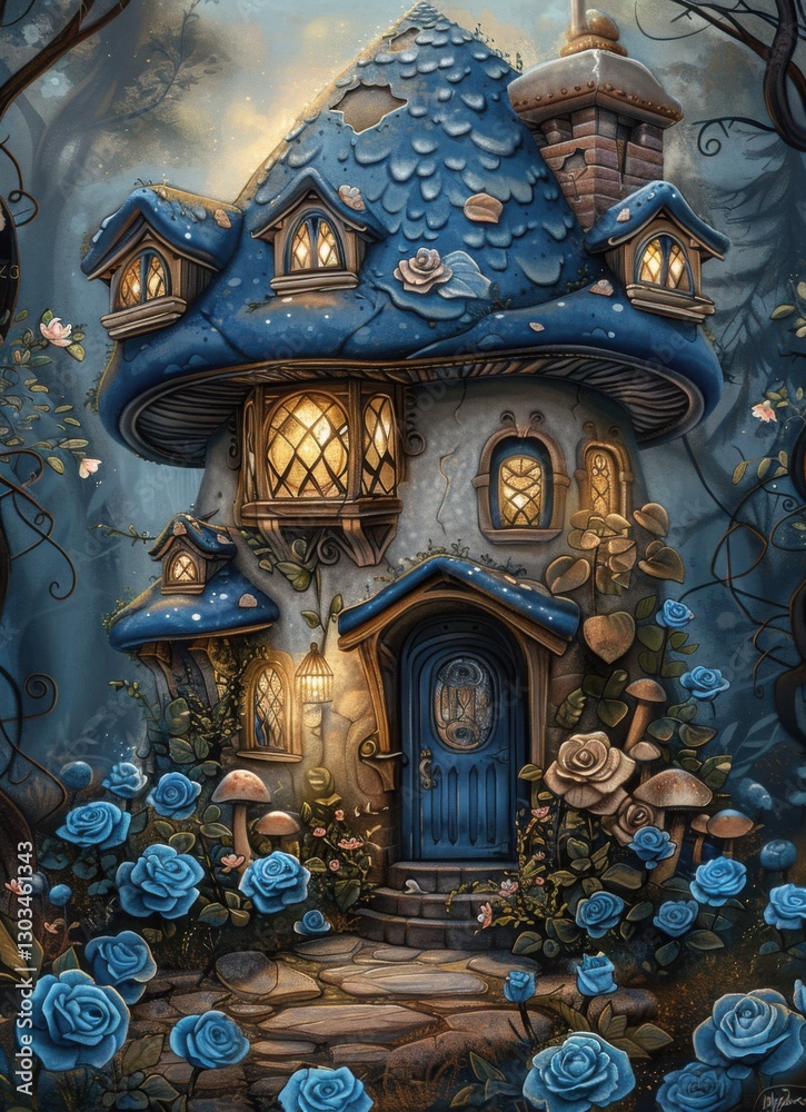 Fototapeta premium Enchanted Fairy Tale House Amidst Blue Flowers and Moonlit Forest