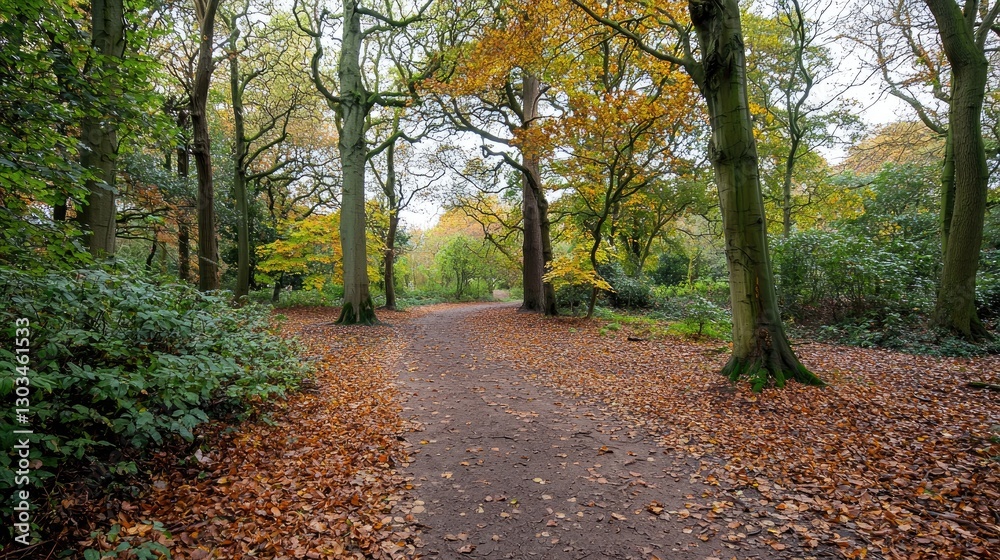 Naklejka premium Enchanted autumn woodland with fallen leaves covering the ground in deep, rich tones.