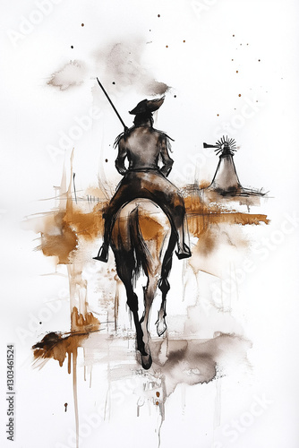 Minimalist watercolor painting, obvious brushstrokes and watercolor paint. Pure white background, center image is a stylized silhouette of a knight on horseback ala Don Quixote