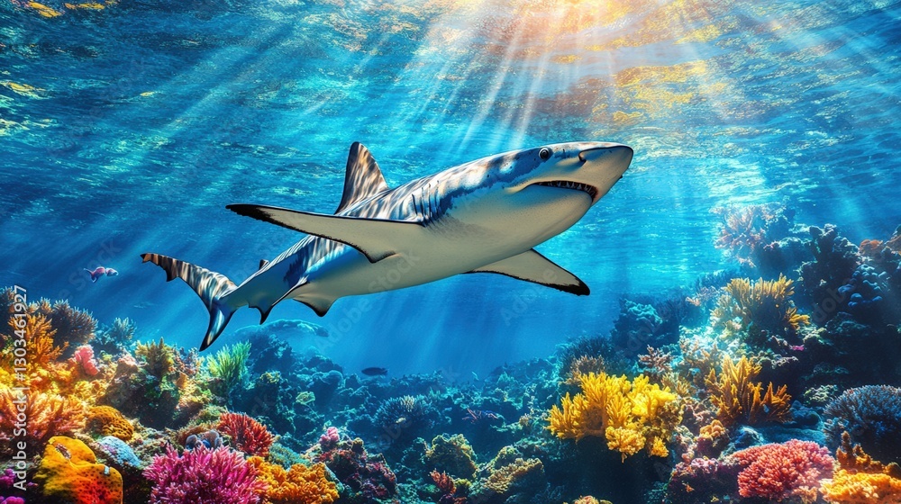 Obraz premium Vibrant coral reef with a majestic shark swimming gracefully through crystal clear waters, showcasing the beauty of marine life and underwater ecosystems concept