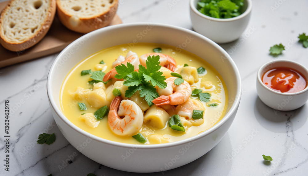 Creamy moqueca with fish and shrimp topped with cilantro, served with toast and chili oil Creamy moqueca with fish and shrimp topped with cilantro, served with toast and chili oil