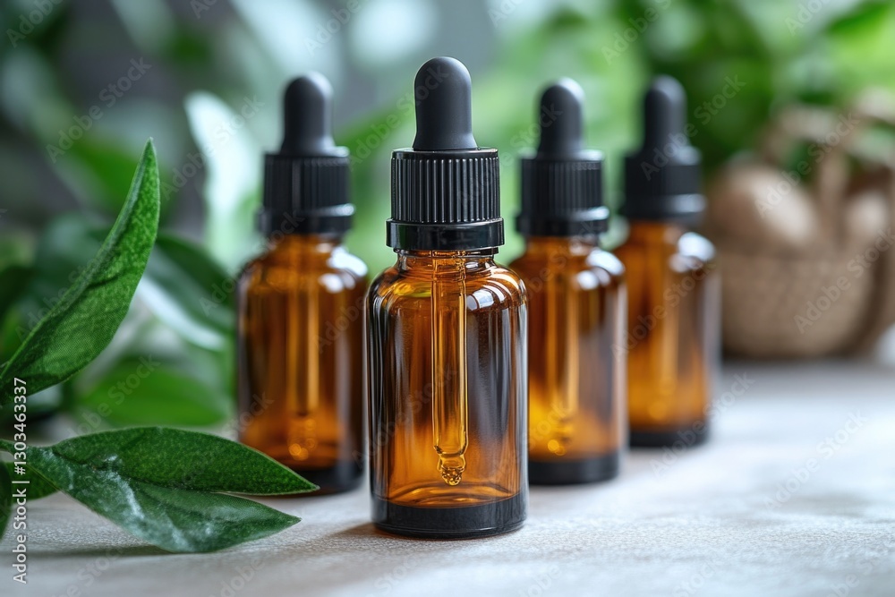 A close-up shot of an essential oil bottle surrounded by a plant, perfect for use in health and wellness concepts or product promotions A close-up shot of an essential oil bottle surrounded by a plant, perfect for use in health and wellness concepts or product promotions