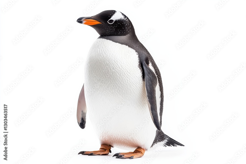 Naklejka premium A solitary gentoo penguin standing proudly on a clean white surface in bright lighting setting isolated on transparent background