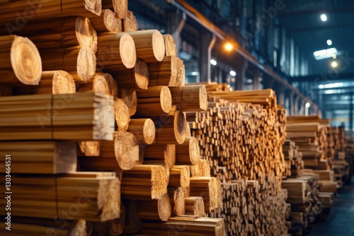 Stacked wooden logs in a warehouse showcasing various sizes and types of timber, emphasizing the importance of sustainable forestry practices and wood industry concept