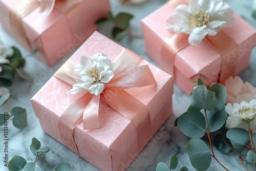 Three elegant pink gift boxes adorned with white flowers and greenery, perfect for weddings or special occasions