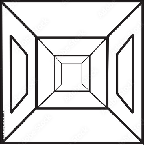 Transparent 3d perspective cube frame with black outline, minimalist vector graphic