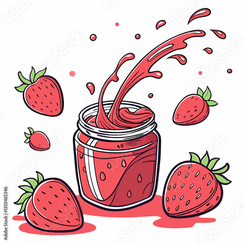 Vector a jar of strawberry jam with strawberrie jam splashing out of the jar with a white background