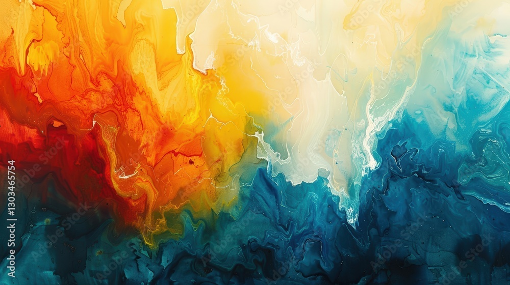 Fototapeta premium This artwork showcases a dynamic interplay of warm hues like orange and red merging with cool blues and whites, creating a captivating abstract expression.