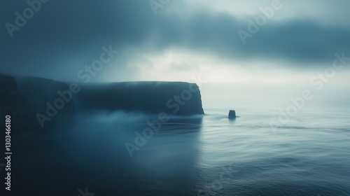 A towering rock formation emerges from the vast ocean, its silhouette softened by the misty sky above in a breathtaking vertical seascape.