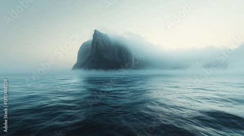 A towering rock formation emerges from the vast ocean, its silhouette softened by the misty sky above in a breathtaking vertical seascape.