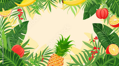 Vibrant tropical foliage with fruits creating a lush border perfect for summer-themed designs or events