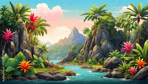 A Vibrant Scene of Lush Tropical Plants and Rocks Creating a Natural Oasis