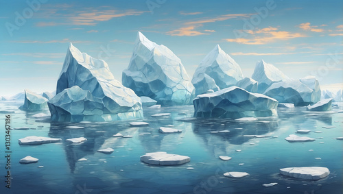 A Majestic View of Icebergs Floating Gracefully in the Crystal Clear Ocean