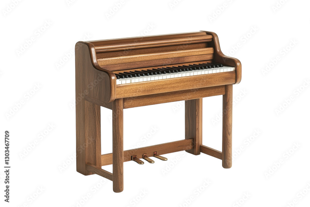 The wooden piano stands elegantly, its polished surface reflecting light isolated on transparent background The wooden piano stands elegantly, its polished surface reflecting light isolated on transparent background