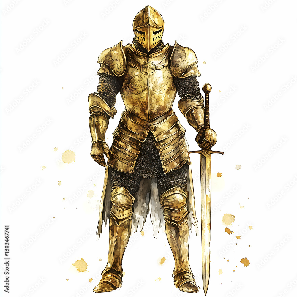 Obraz premium Golden knight stands proudly in ornate armor, ready for battle in a mythical realm filled with adventure. Generative AI