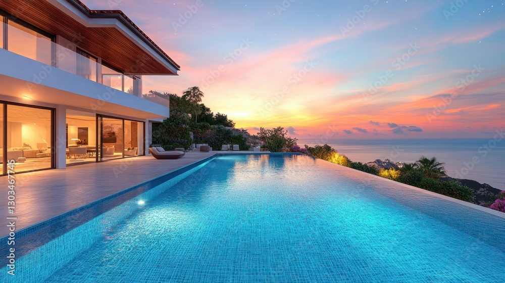 Fototapeta premium Luxury clifftop villa pool at sunset