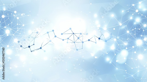 A soft blue background showcases a network of lines and glowing nodes, representing digital connections and technology.