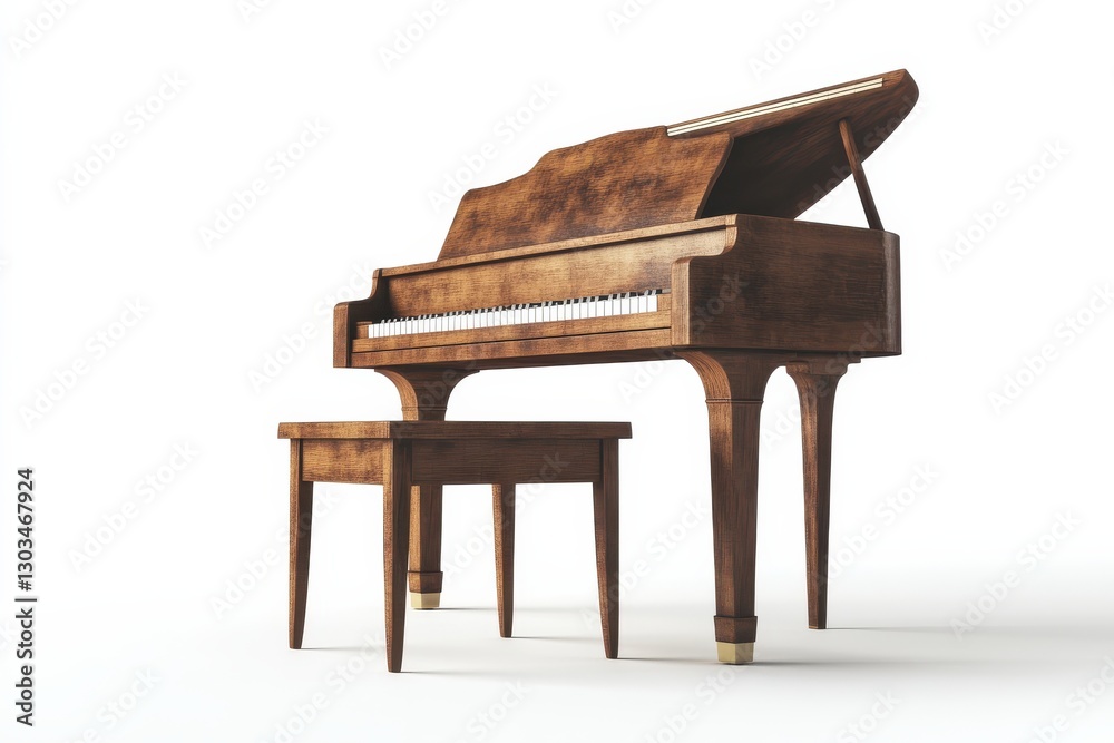 A stunning wooden grand piano with a matching stool sits elegantly in a spacious room isolated on transparent background A stunning wooden grand piano with a matching stool sits elegantly in a spacious room isolated on transparent background