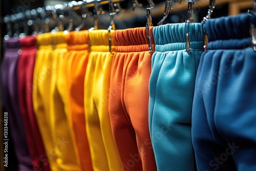 A row of colorful pants hanging on a rack, ready for use or display