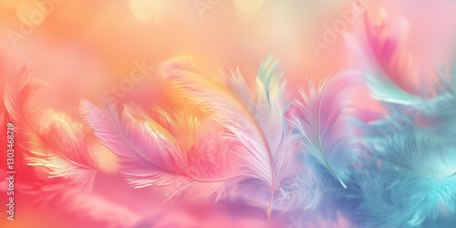Colorful, pastel-soft feathers in the background, soft-focus, realistic, colorful fantasy style. Beautiful nature spring summer background for cosmetics, spa, perfume, beauty salon, florist shop.