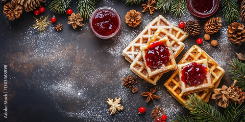 Christmas background with waffles and jam, top view on a dark rustic table.