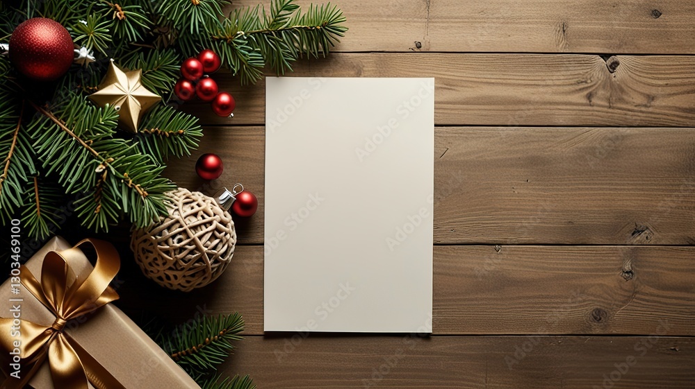 Obraz premium Greeting card christmas mockup with fir tree branches on dark wooden background