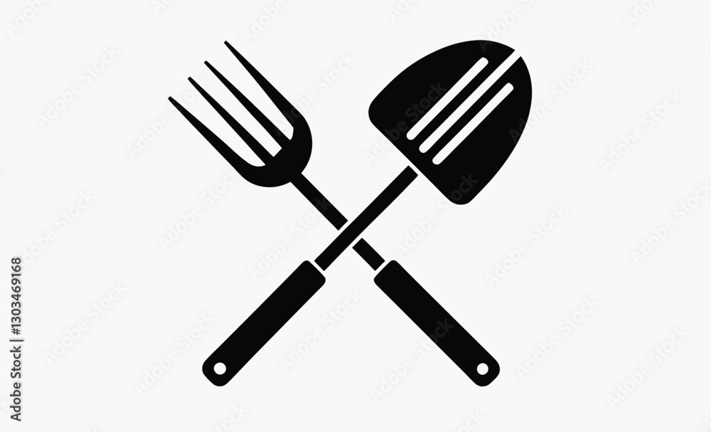 BBQ fork and spatula icon, grill fork and spatula silhouette, barbecue tools vector icon BBQ fork and spatula icon, grill fork and spatula silhouette, barbecue tools vector icon