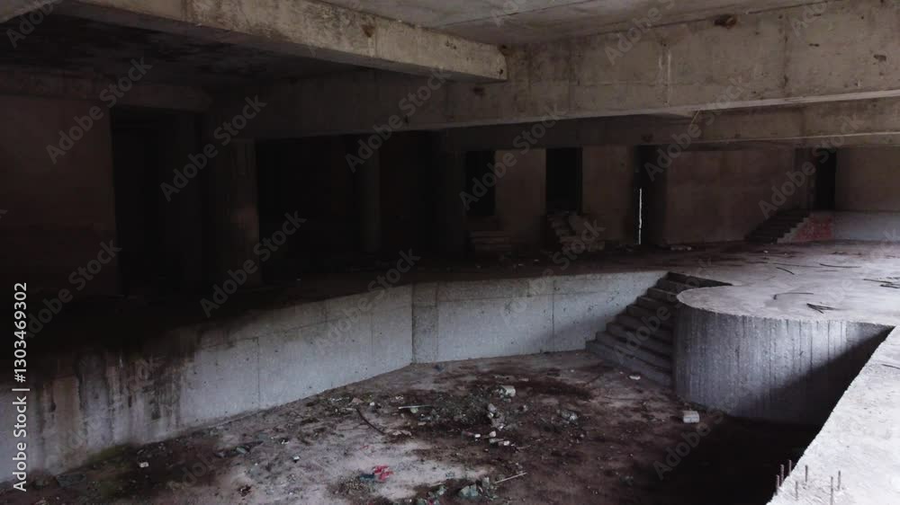 Abandoned Unfinished Concrete Swimming Pool in a Dark and Derelict Building Abandoned Unfinished Concrete Swimming Pool in a Dark and Derelict Building