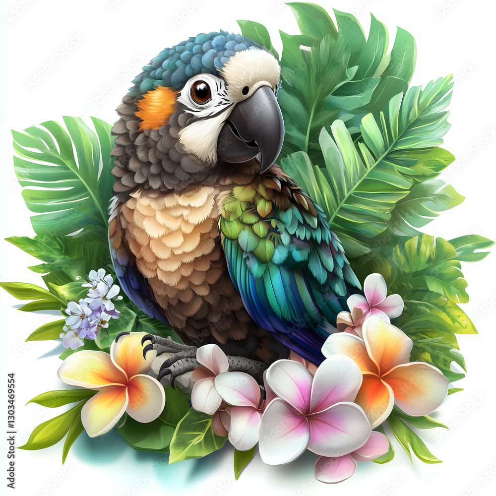 Fototapeta premium Vibrant parrot perched amidst lush tropical foliage and colorful blossoms in a serene natural setting. Generative AI