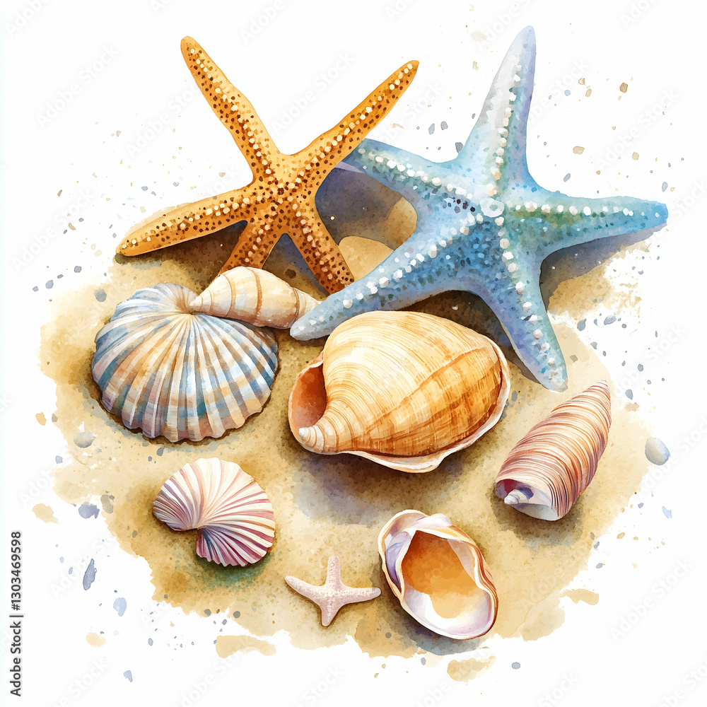Colorful seashells and starfish resting on a sandy beach in bright sunlight during summer. Generative AI Colorful seashells and starfish resting on a sandy beach in bright sunlight during summer. Generative AI