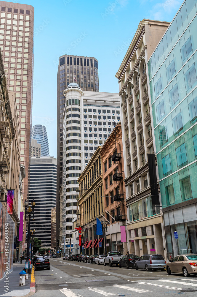 A view down Post Street in the morning in San Francisco in early springtime A view down Post Street in the morning in San Francisco in early springtime