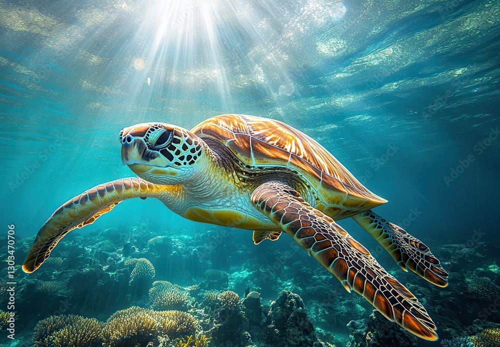 Fototapeta premium Graceful Green Sea Turtle Swimming in Vibrant Coral Reef with Sunlight Radiating Through the Ocean Surface