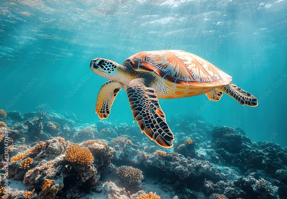 Fototapeta premium Graceful sea turtle gliding through crystal clear waters above vibrant coral reef ecosystem in a pristine underwater environment
