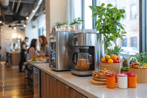 Modern Office Breakroom with Coffee Machine and Healthy Snacks