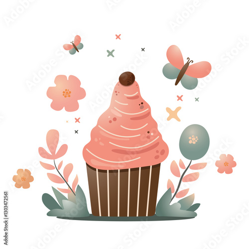 one isolated chocolate easter cupcake with pink cream and butterflies around in gradient effect. vector easter with chocolate brownie