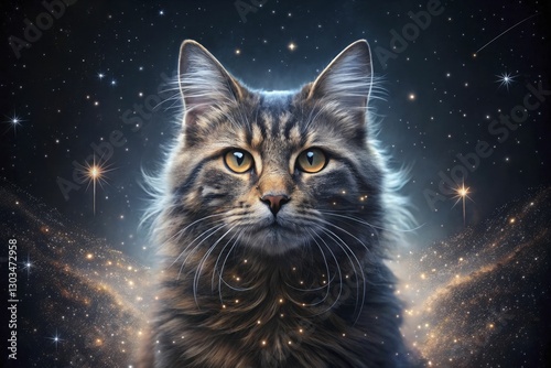 A cosmic cat drifting among constellations, with swirling galaxies forming the patterns on its fur