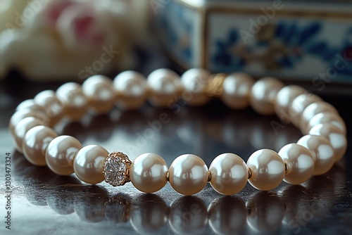 A close-up of a pearl bracelet with a diamond clasp sitting on a table