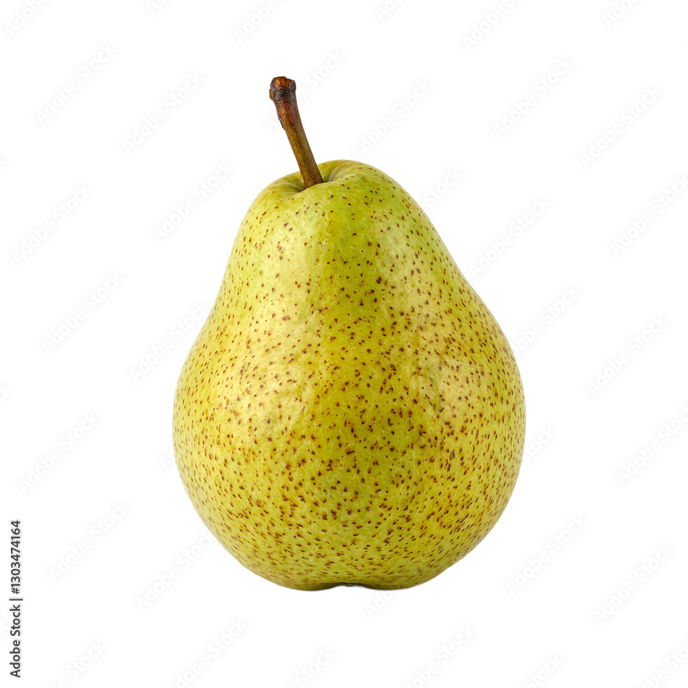 Fresh ripe pear with greenish yellow skin delicate speckles and a small brown stem Isolated on white A symbol of freshness and healthy eating Fresh ripe pear with greenish yellow skin delicate speckles and a small brown stem Isolated on white A symbol of freshness and healthy eating
