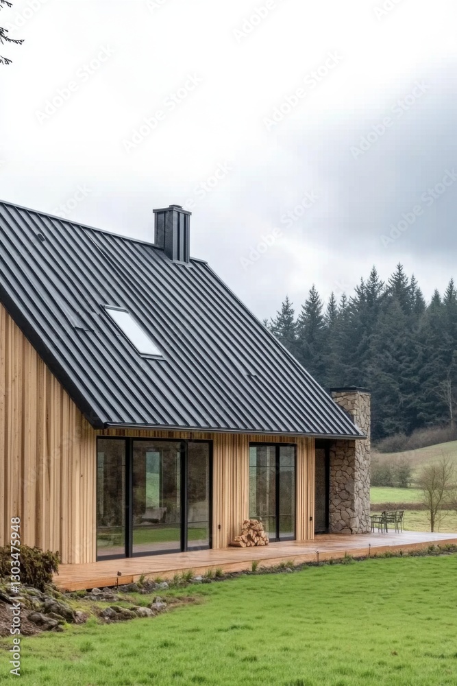 This contemporary wooden house features a stylish, sloping roof and expansive windows, all nestled amidst vibrant greenery in a tranquil forest environment This contemporary wooden house features a stylish, sloping roof and expansive windows, all nestled amidst vibrant greenery in a tranquil forest environment