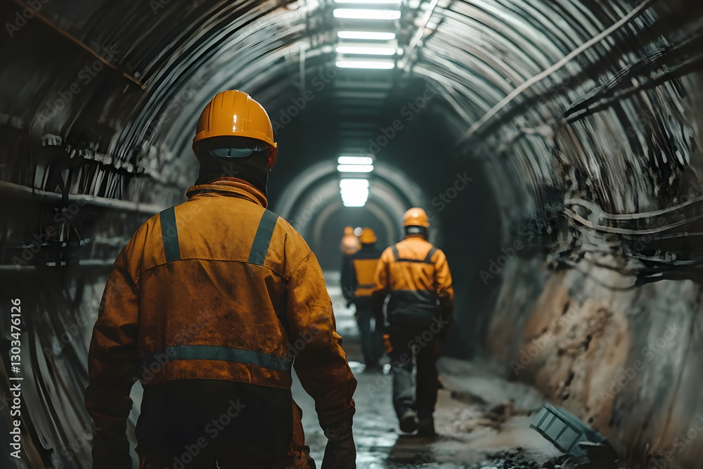 Safety-geared workers in construction tunnel Safety-geared workers in construction tunnel
