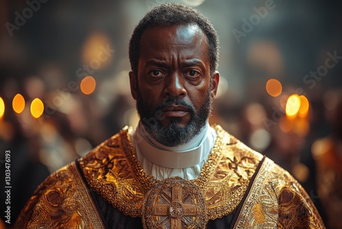A clergyman holding candles in a dimly lit setting